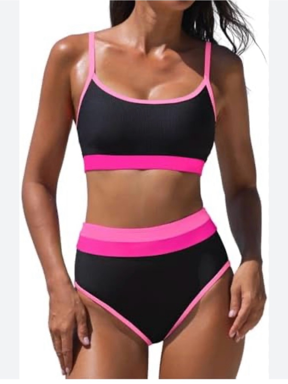 🌼Black & Hot Pink High-Waist Bikini Set